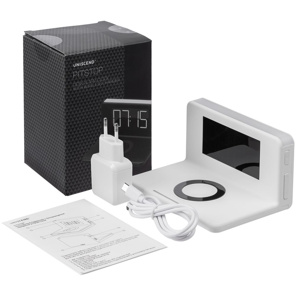 Часы настольные с беспроводным зарядным устройством Pitstop, белые — изображение 14