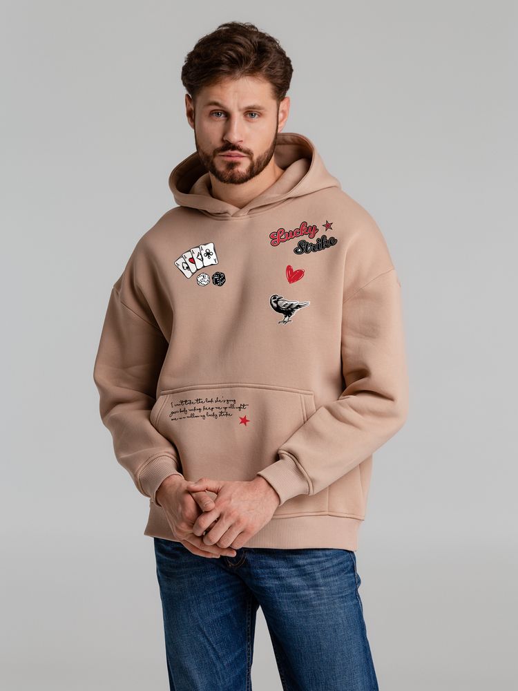 Худи оверсайз с термонаклейками Lucky Strike, бежевое — изображение 7