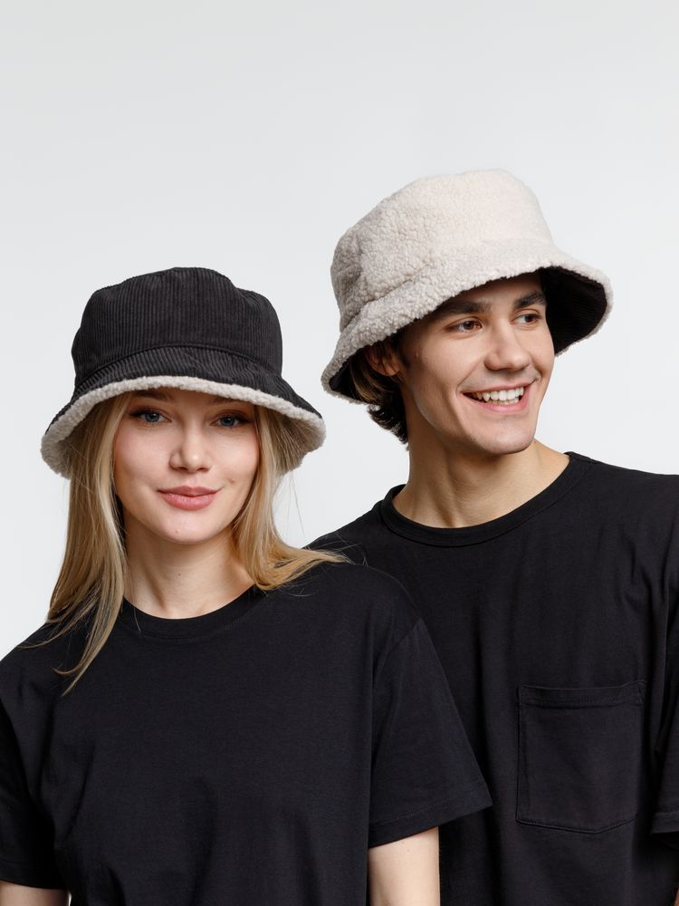 Панама Bucket двусторонняя утепленная, темно-серая с бежевым — изображение 8