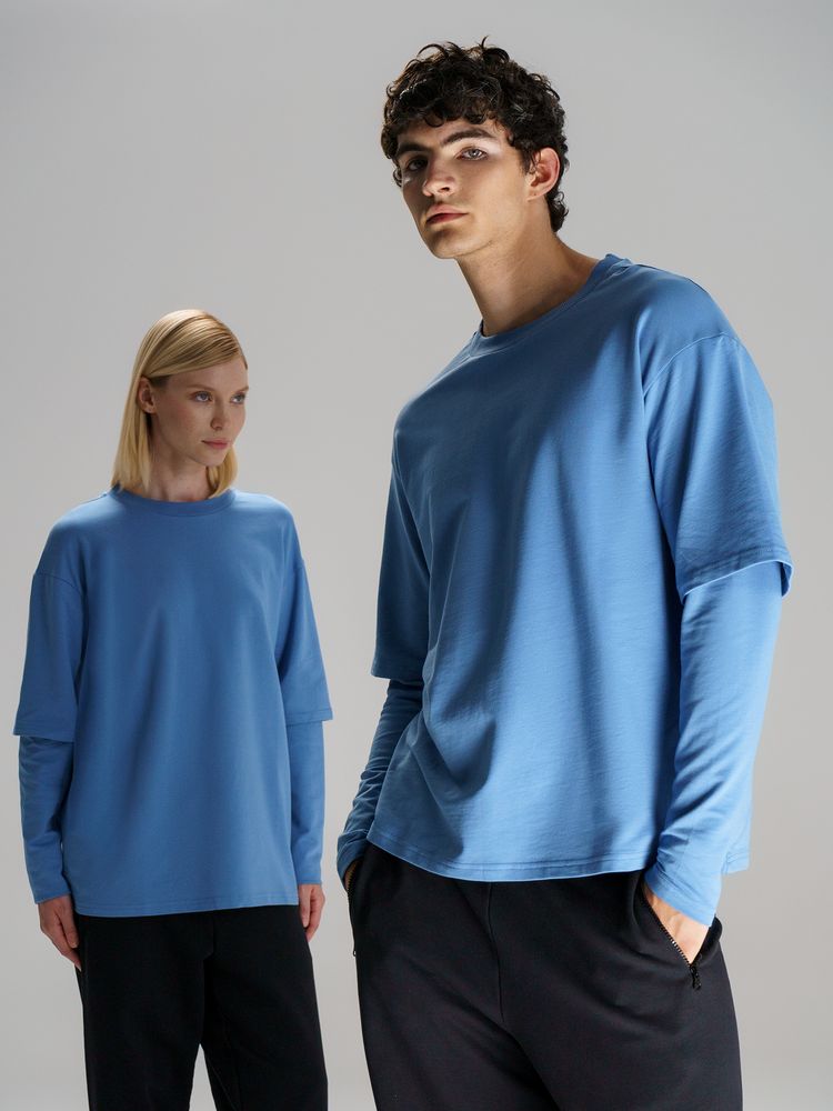 Футболка оверсайз с двойным рукавом Kosmos, синяя — изображение 10