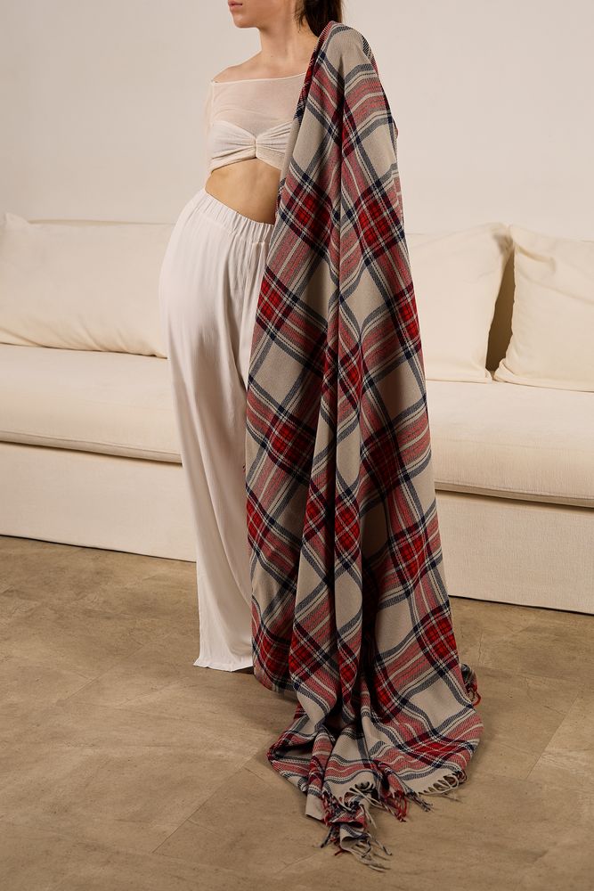 Плед «Валдай», бежевый с красным и синим — изображение 8