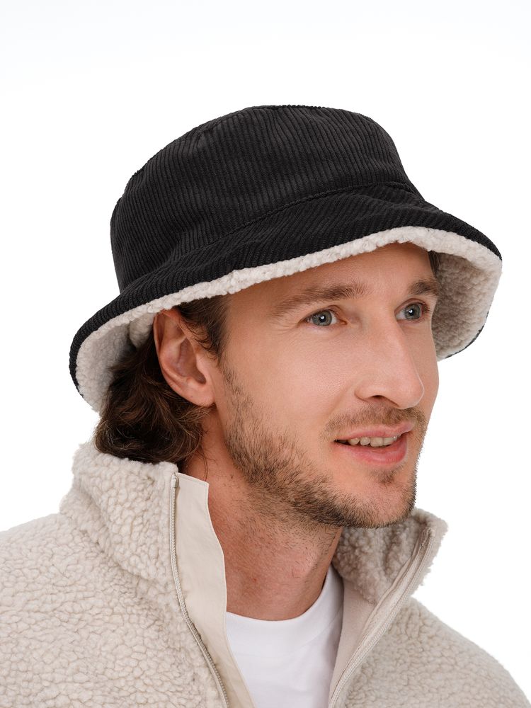 Панама Bucket двусторонняя утепленная, темно-серая с бежевым — изображение 4