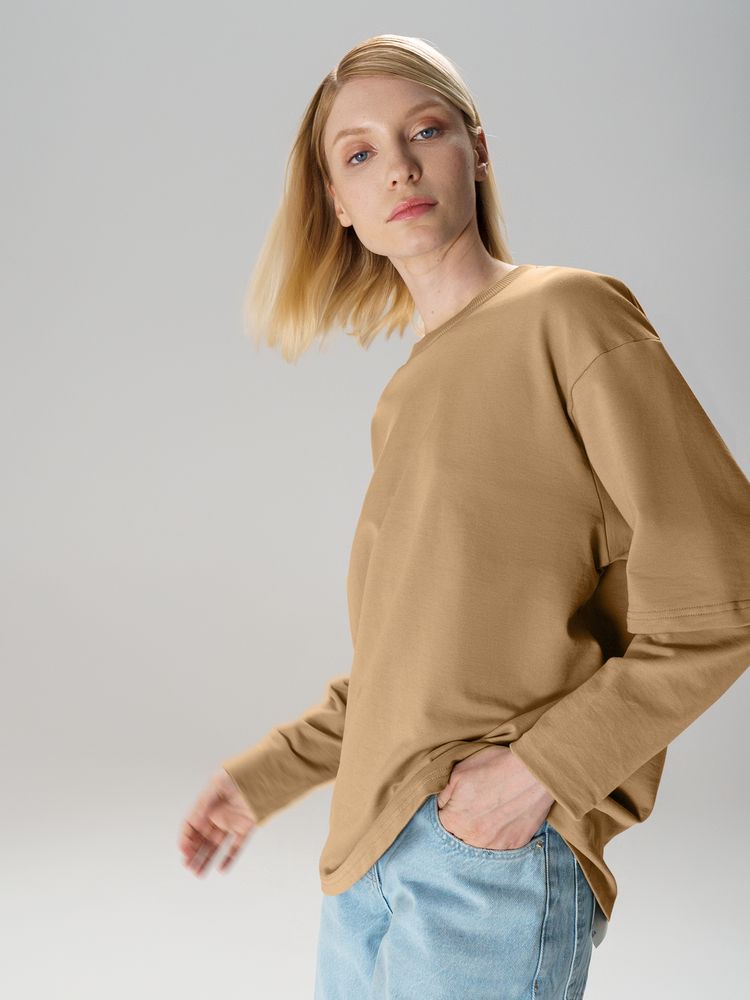 Футболка оверсайз с двойным рукавом Kosmos, бежевая — изображение 11