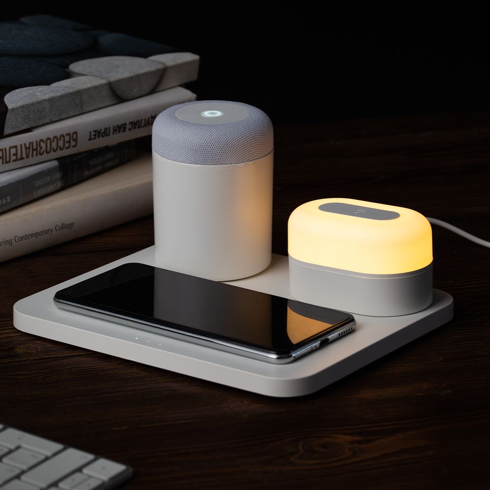 Станция беспроводной зарядки с колонкой и ночником Trilogy, белая — изображение 18